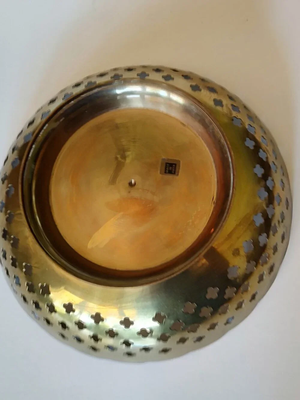 Vintage Indian Brass Pedestal Bowl Pierced Woven Design Enameled Floral Center